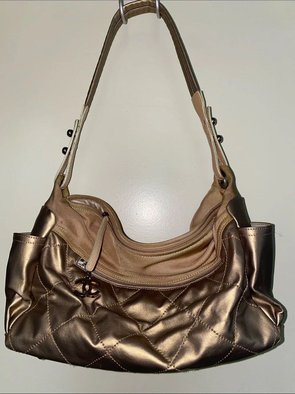 CHANEL Champagne Metallic Travel Quilted Hobo Baguette Shoulder Bag Duffle